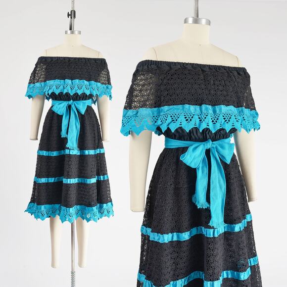 Vintage 80s Lace Mexican Black and Blue Boho Off the Shoulder Peasant Dress S M - Picture 1 of 8